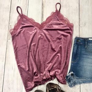 Pink velvet tank with lace detail